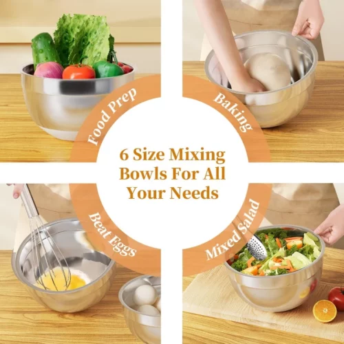 Mixing Bowls with Lids Set 6 Piece Stainless Steel Nesting Storage Bowls for Kitchen with 3 Grater 07