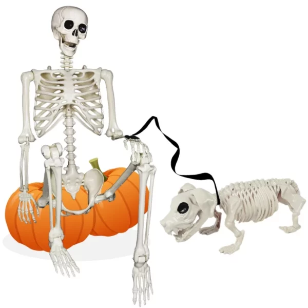 5.4FT Halloween Skeleton Decoration with Dog Skeleton, Posable Life Size Bones Prop for Haunted House & Graveyard Décor
