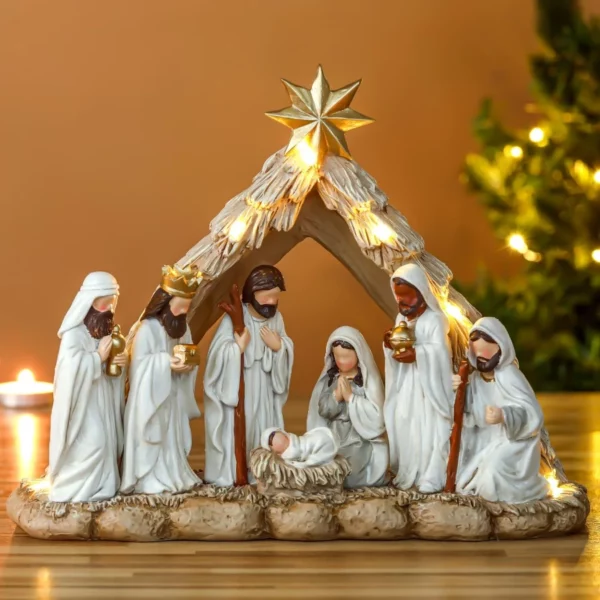 Lighted Nativity Set, Christmas Tabletop Decoration, Hand Painted Holy Family Figurine With LED Lights For Holiday Decor