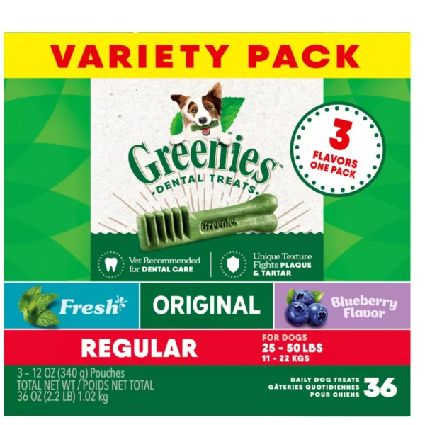 Natural Adult Dog Dental Treats Variety Pack – Original, Minty & Blueberry Regular Chews