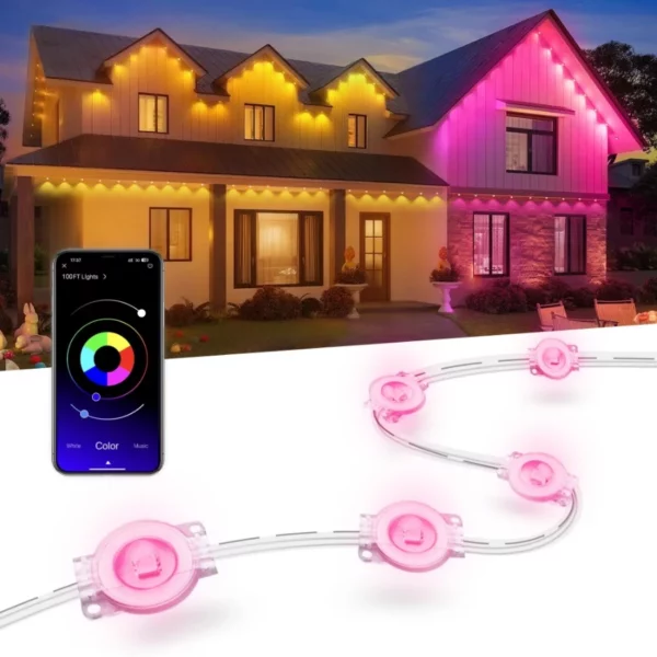 Nexillumi Permanent Outdoor RGB LED Lights 100FT, Waterproof Smart Eaves Lighting for House Roof, Christmas, Halloween & Daily Décor