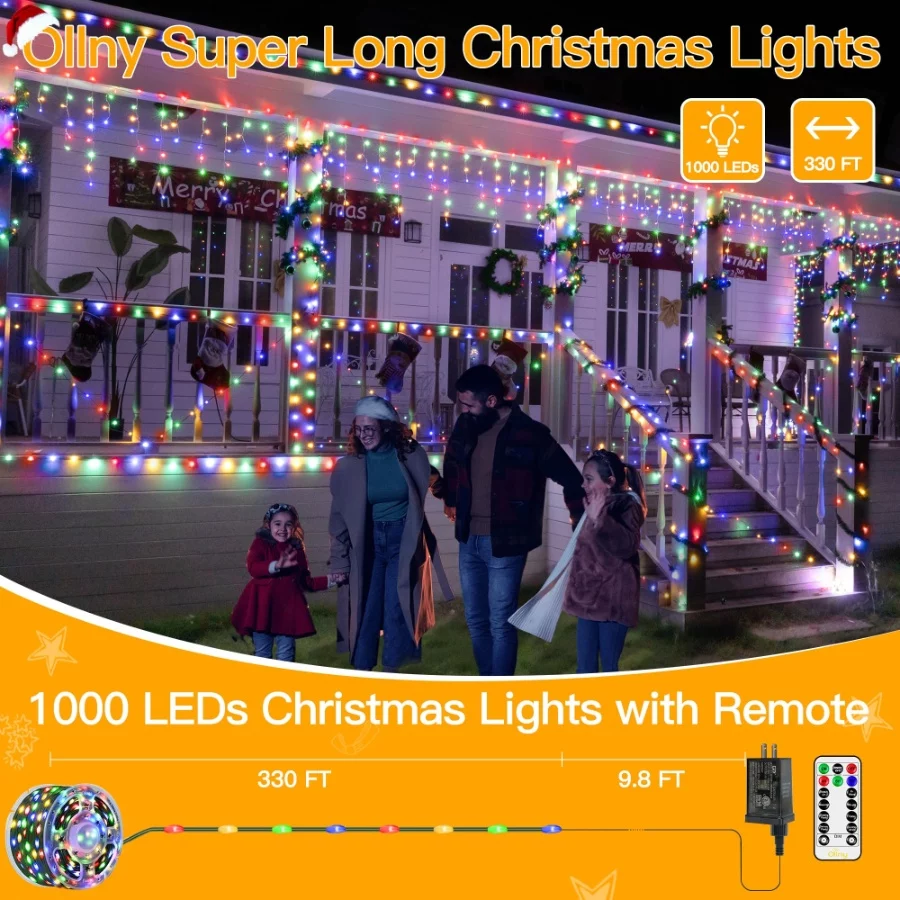 Ollny Christmas Lights 1000 LED 330 FT, IP67 Waterproof Plug in Christmas Tree Lights with Remote, 8 - 01 Ollny Christmas Lights 1000 LED 330 FT IP67 Waterproof Plug in Christmas Tree Lights with Remote 8 01