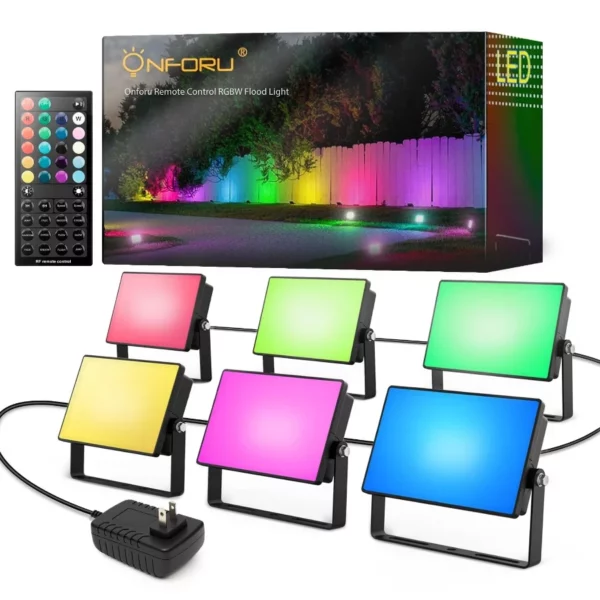 Onforu 60W RGBW Color Changing Flood Lights Outdoor, Remote Control LED Landscape Uplights IP65 Waterproof for Party, 6 Pack