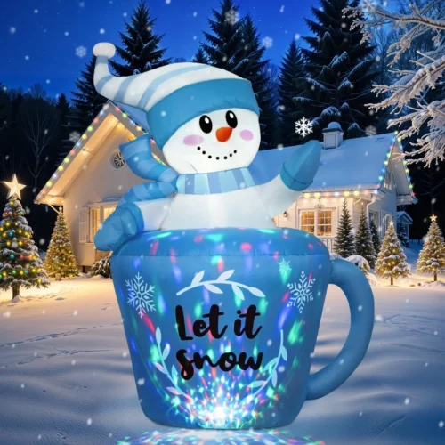 OurWarm 5FT Christmas Inflatable Snowman in Mug Adorable Blue Snowman Blow Up Awaiting the Snow Ch 01
