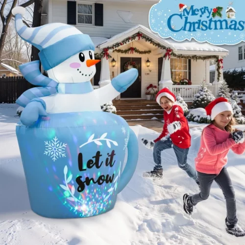 OurWarm 5FT Christmas Inflatable Snowman in Mug Adorable Blue Snowman Blow Up Awaiting the Snow Ch 07