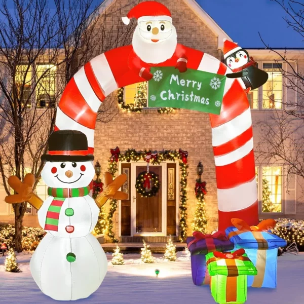 OurWarm 8FT Large Christmas Inflatable Candy Cane Arch with Built-in LEDs, Santa Penguin Snowman Outdoor Yard Lawn Holiday Decoration Waterproof