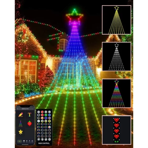 11.8FT Outdoor Christmas Lights with Star, 344 LED RGB Waterfall Tree Lights Smart App Control 64 Modes Music Sync for Yard Lawn Xmas Decor