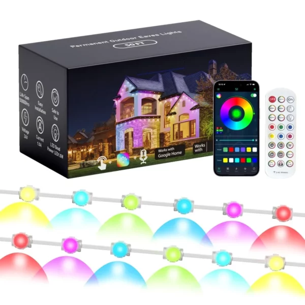 Permanent Outdoor Lights for House 50FT RGB+IC Smart Eaves Lighting, APP & Remote Control IP67 Waterproof for Christmas Party