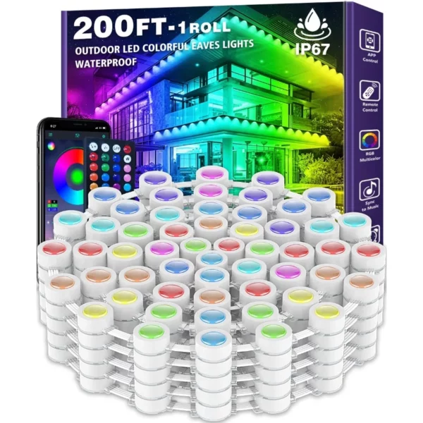 Permanent Outdoor 200FT RGB Smart LED Eaves Lights Waterproof with App & Remote Control for House Roof Garden and Christmas Holiday Decor