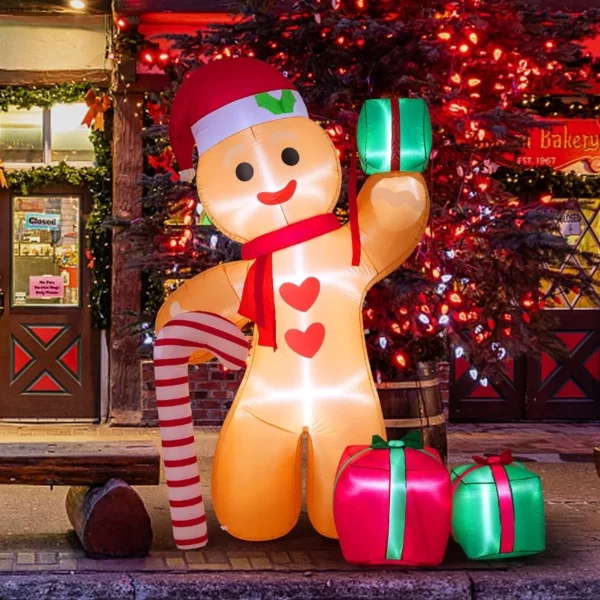 Peyton 8FT Inflatable Gingerbread Man with Candy Cane & Gift Boxes – LED Lighted Christmas Decoration for Indoor & Outdoor Holiday Display
