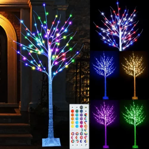 Pooqla 5 ft RGB Lighted Birch Tree Color Changing Light Up Tree with Remote 35 Colors Artificial C 08
