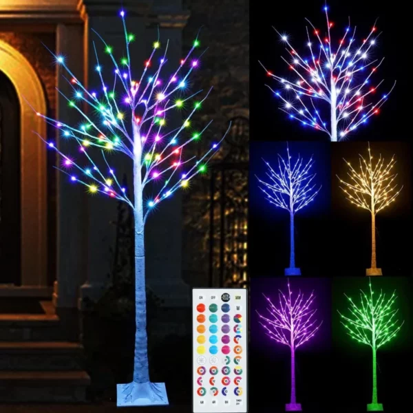 Pooqla 5FT RGB Lighted Birch Tree – Color Changing LED Tree with Remote, 35 Colors Artificial Christmas Decor for Indoor Outdoor Yard Holiday