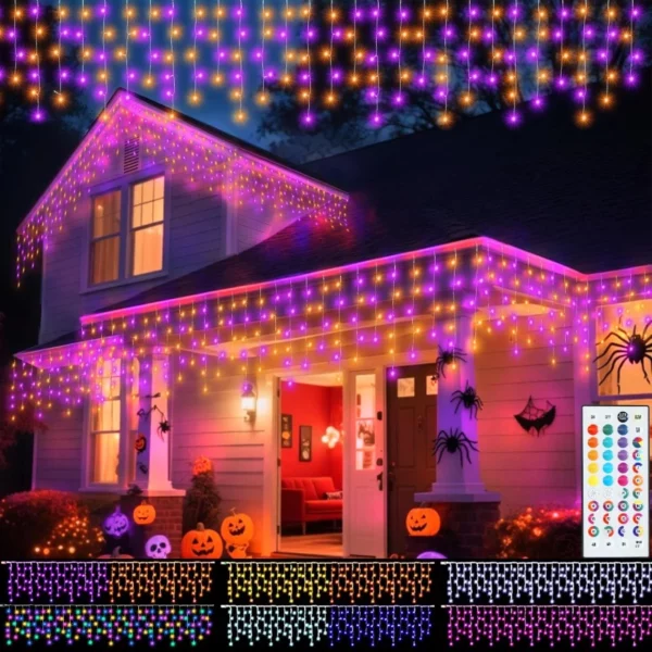 Pooqla 38.5FT 240 LED RGB Icicle Christmas Lights – Color Changing Waterproof String Lights with Remote for Roof Window Decor