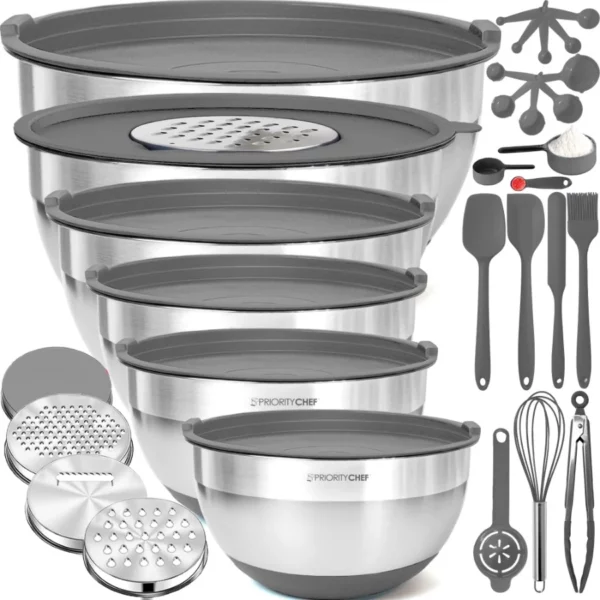 Priority Chef Premium 30PCS Mixing Bowl Set, Stainless Steel with Lids, Non-Slip Bases, 3 Graters & Silicone Kitchen Utensils