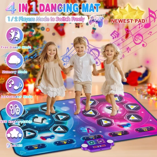 Extra Large Rechargeable Dance Mat Double Player Music Pad With LED Lights, Piano Mode & Challenge Games For Kids