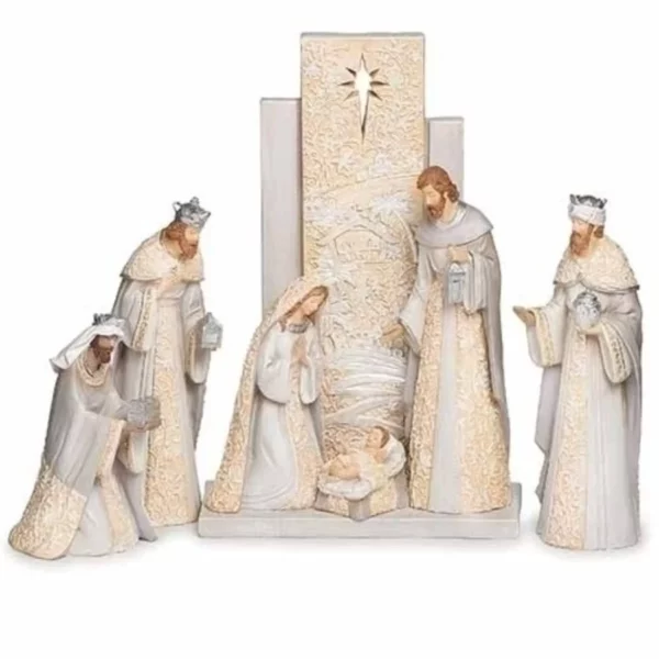 Roman 7 Piece Nativity Figurine Set, 13.5" With Backdrop, Beautiful Christmas Decoration For Home And Holiday Celebrations