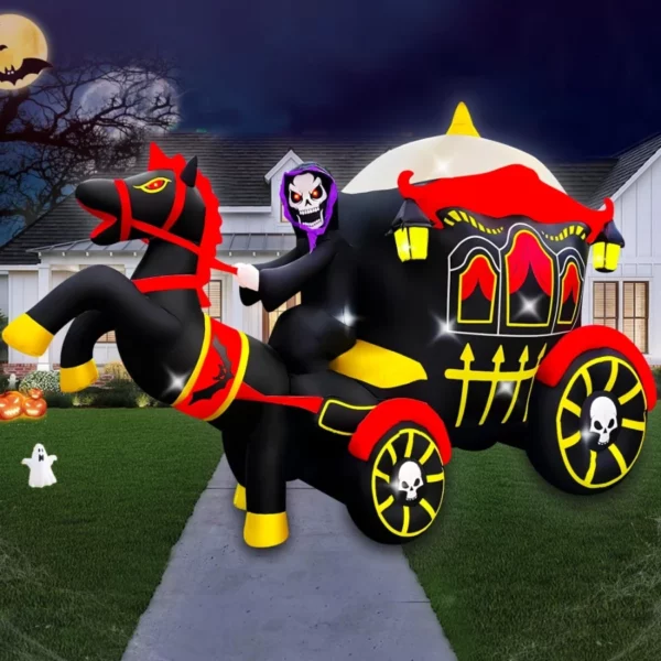 10FT Long Halloween Inflatable Grim Reaper Carriage, LED Light Up Blow Up Decoration for Party, Lawn & Garden Yard