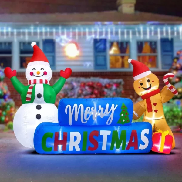 9FT Outdoor Christmas Inflatables Banner with Built-in LEDs, Snowman Gingerbread & Gift Boxes Blow Up Yard Holiday Decoration Waterproof