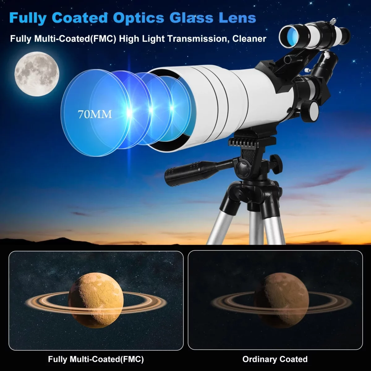 SUNOYAR Telescope 70mm Aperture 15X 150X Telescopes for Astronomy Refractor Telescopes for AdultsKid and Beginners with Adapter and Tripod 03