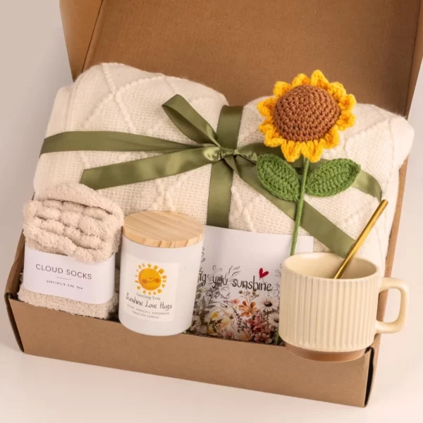 Thinking of You Gift Basket for Women Christmas Sending Sunshine Sunflower Care Package, Unique Get Well Soon or Birthday Gift for Best Friend.