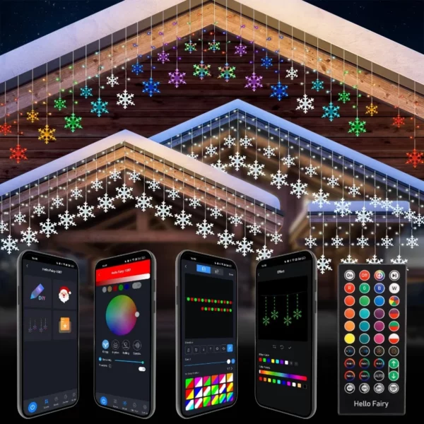 33Ft Smart Icicle Christmas Lights 384LED Snowflake Design, APP Remote Control 16 Million Colors Music Sync Curtain Lights