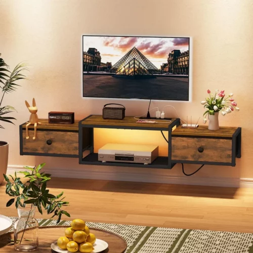 Snughome Floating TV Stand with Power Outlet 55 Wall Mounted Entertainment Center with LED Lights 01