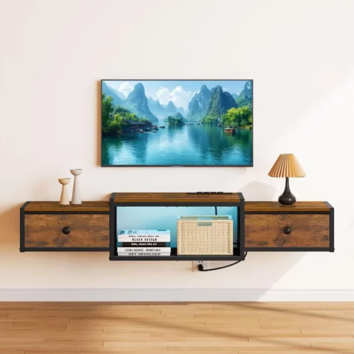 Snughome Floating TV Stand with Power Outlet 55 Wall Mounted Entertainment Center with LED Lights 06