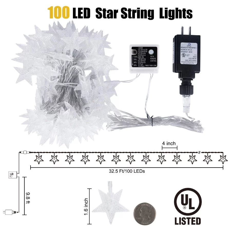 Star String Lights Plug in - 33 ft 100 LED Star Fairy String Lights with Remote and Timer, Waterproo - 03 Star String Lights Plug in 33 ft 100 LED Star Fairy String Lights with Remote and Timer Waterproo 03