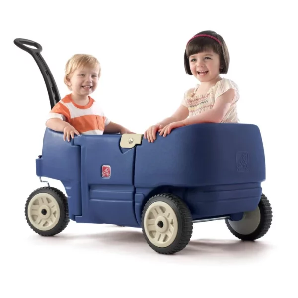 Step2 Wagon for Two Plus – Durable Kids Ride On Toy with Seat Belts, Storage & Handle, Stroller Alternative, Denim Blue