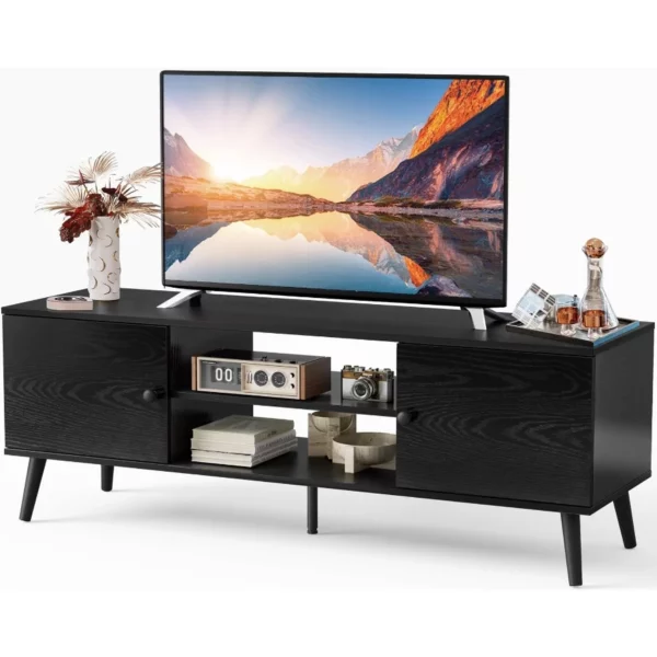 TV Stand for 55 Inch TV, Modern Mid Century Entertainment Center with Storage, Media Console Table with Cabinets Wooden Black