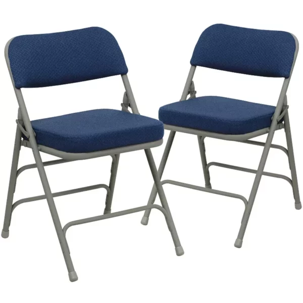 Set of 2 Curved Triple-Braced Folding Chairs – Navy Fabric Metal Seats with Double Hinged Design