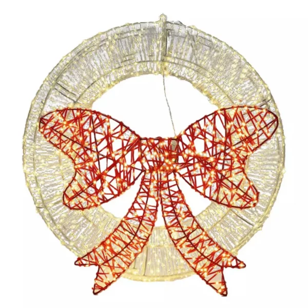 LuxenHome 1.6-Ft Round Lighted Wreath with Red Bow – Holiday Decoration with Timer