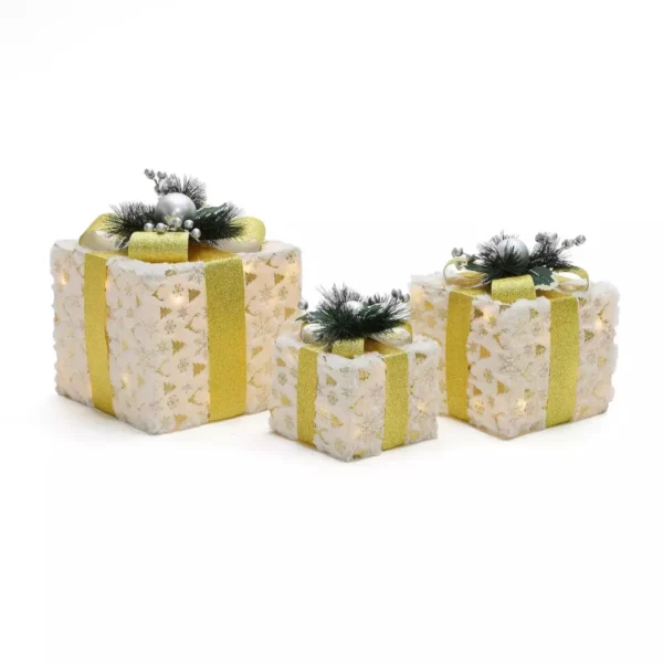 LuxenHome 3-Pc Lighted Snowflake Gift Box Set – White Fabric Holiday Décor with Gold Ribbon