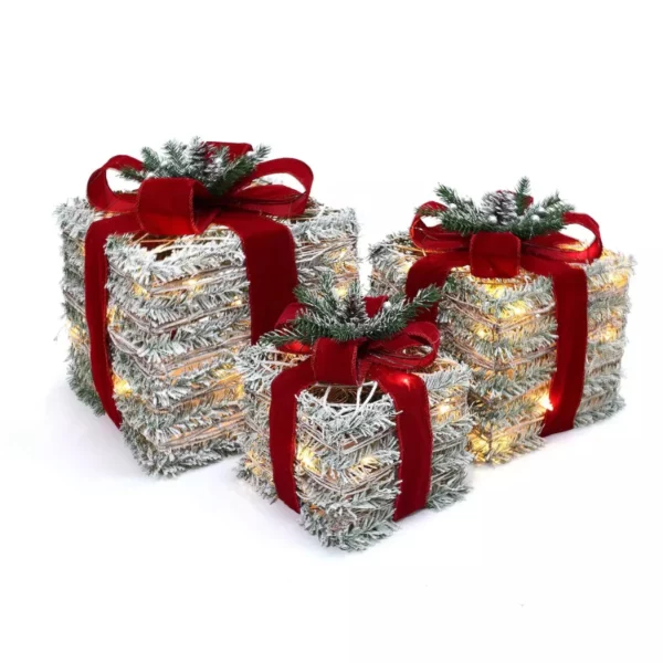 LuxenHome 3-Piece Frosted Faux Branch Gift Box Set – Lighted Holiday Decorations