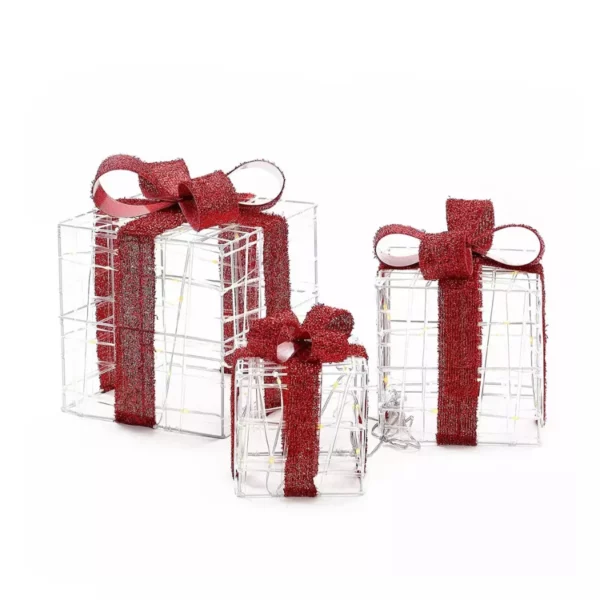 LuxenHome Set of 3 Lighted Presents – Holiday Decoration with Red Ribbon Accents