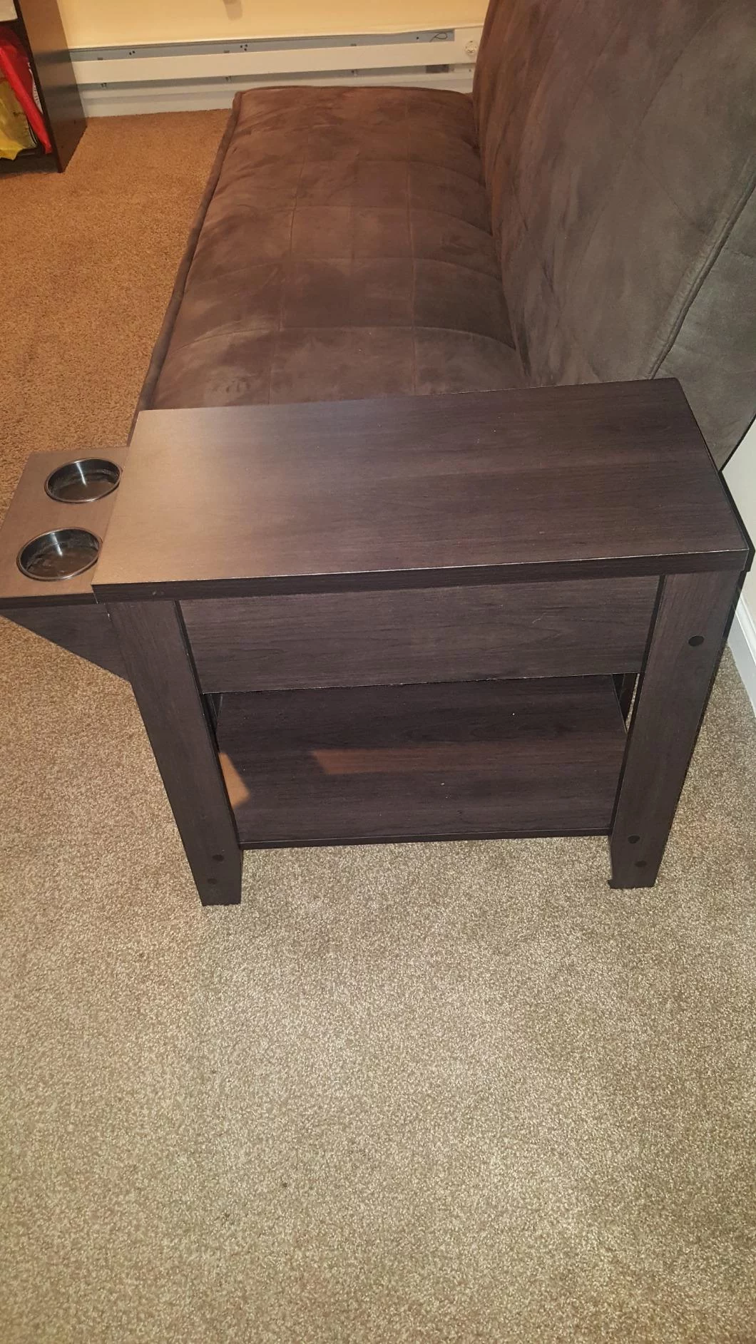 Click to view full screen Modern End Table with Built-In Cupholder – Compact Accent Table for Living Room or Bedroom photo review