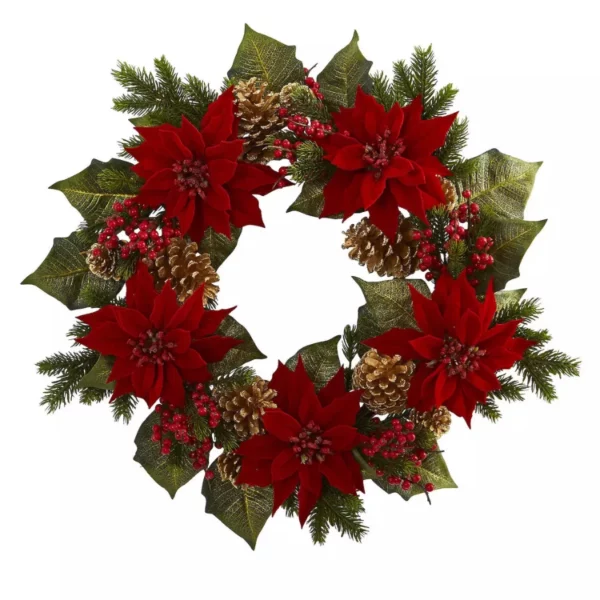 Nearly Natural 24-In Poinsettia, Berry & Golden Pinecone Artificial Wreath – Festive Holiday Decor