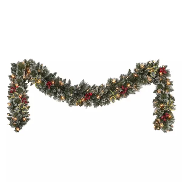 Puleo International 9-Ft Pre-Lit Snowy Silverton Pine & Berries Garland – Artificial Holiday Decor
