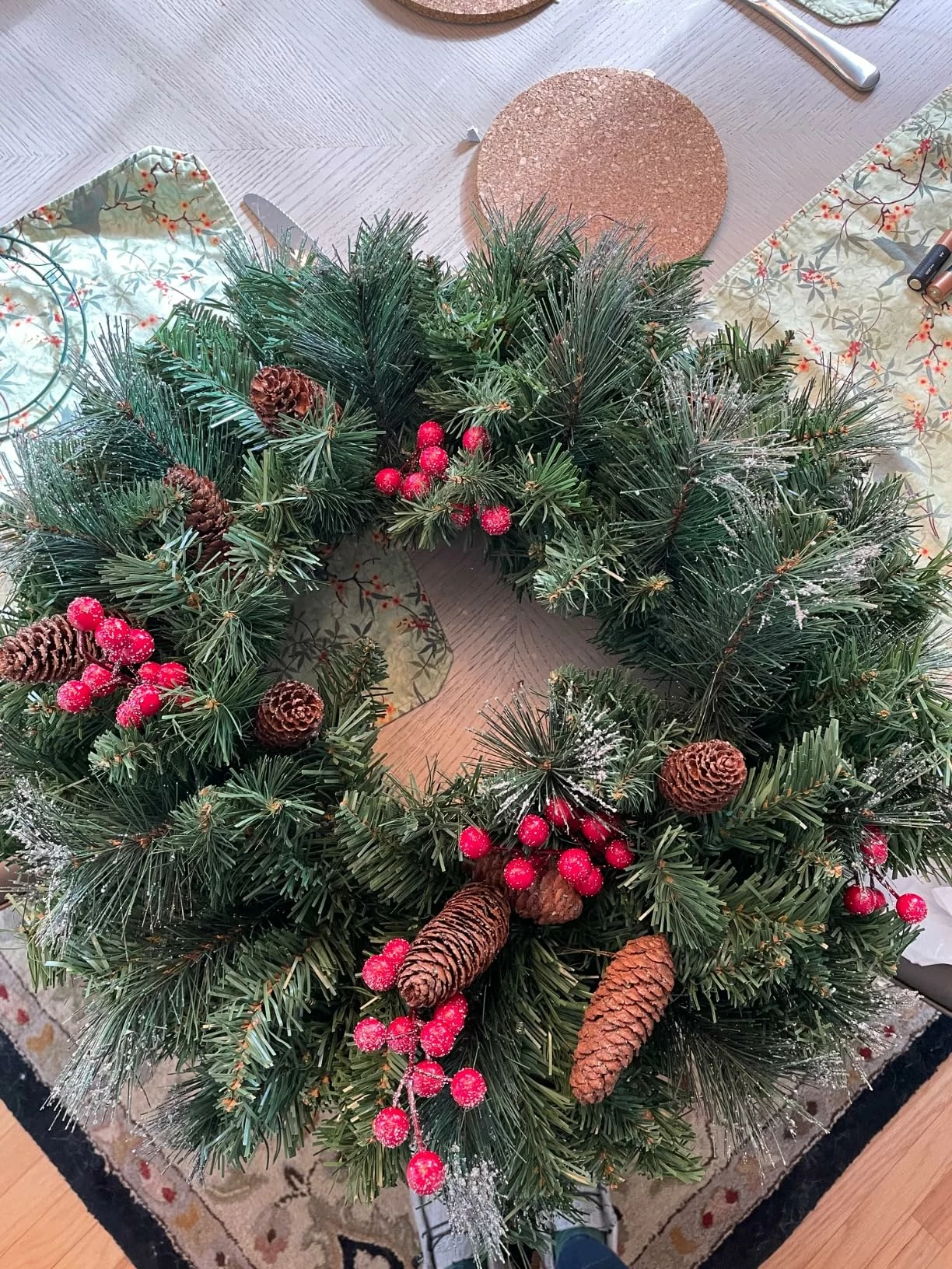 Nearly Natural 24-In Poinsettia, Berry & Golden Pinecone Artificial Wreath – Festive Holiday Decor photo review