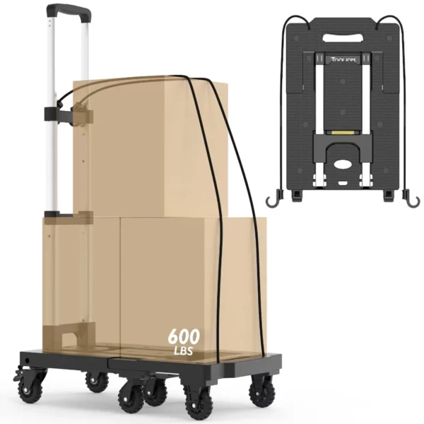 Portable Folding Hand Truck Dolly with Brakes , 600lbs Heavy Duty Luggage Cart with 7 Wheels, Collapsible Utility Cart & Extendable Base