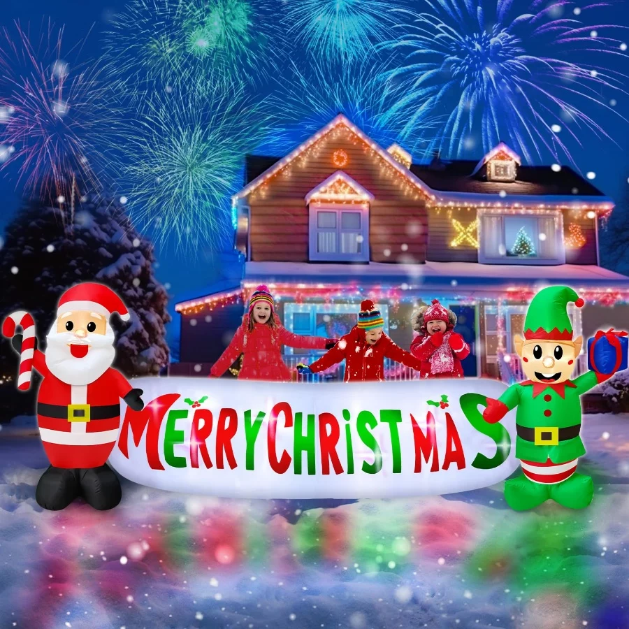 TURNMEON 12 Ft Long Christmas Inflatable Merry Christmas Sign with Santa Claus and Elf Holds Gift Bo - 07 TURNMEON 12 Ft Long Christmas Inflatable Merry Christmas Sign with Santa Claus and Elf Holds Gift Bo 07