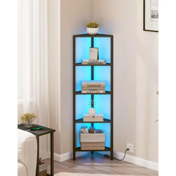 5-Tier Corner Bookshelf with LED Light, Space Saving Display Shelf Stand with Storage Rack for Bedroom Living Room Multi-Functional