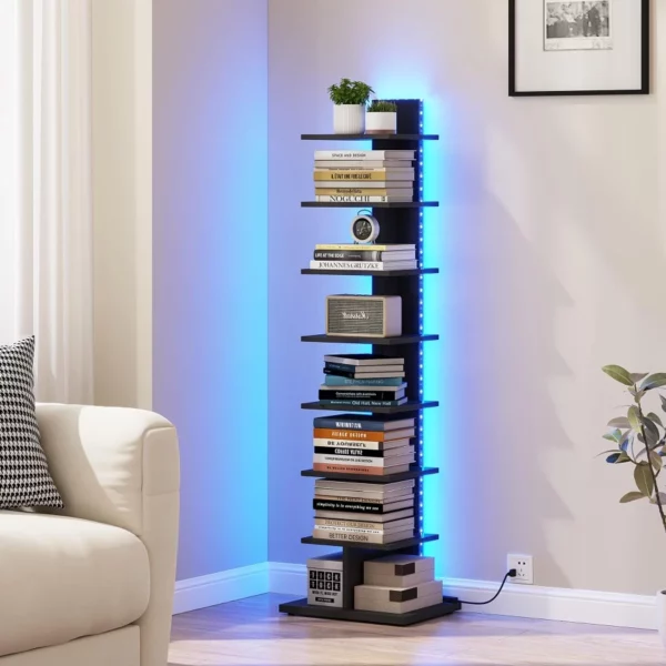 8-Tier Corner Bookshelf with LED Light, Space Saving Display Shelf Stand with Storage Rack for Bedroom Living Room Multi-Functional