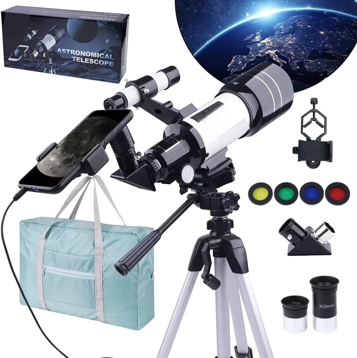 Telescope for Astronomy Telescope for Adults Beginners 70mm Aperture Telescope wCarry Bag Phone Clip for Moon Wildlife Viewing White 01