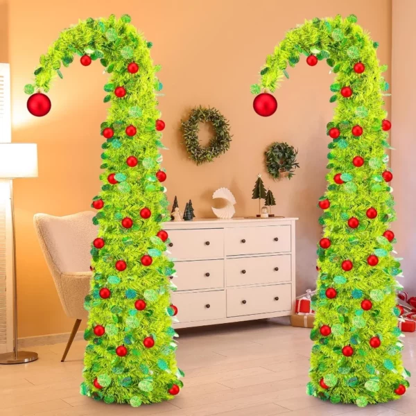 2 Pack 5FT Whimsical Lime Green Pop Up Christmas Tree – Foldable Bendable Design with Red Ornaments for Home Xmas Decorations