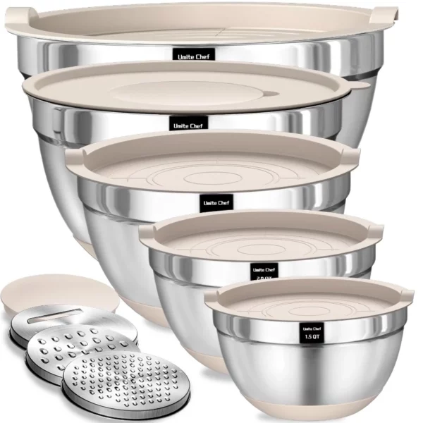 Umite Chef Mixing Bowls Set 8PCS, Stainless Steel with Airtight Lids, Nesting Bowls with Grater Attachments, Non-Slip Base 5–1.5QT Sizes.