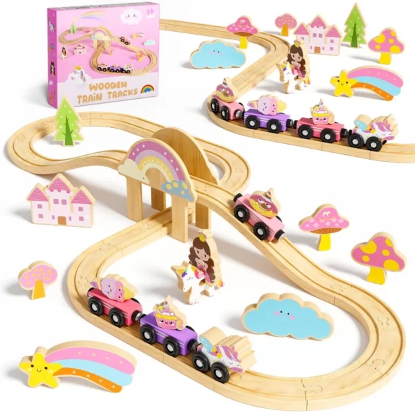 Magical Unicorn Train Set For Girls 2-4 38 Pcs Wooden Railway Track Toddler Toy, Fairy Fantasy Gift For Kids 3-5