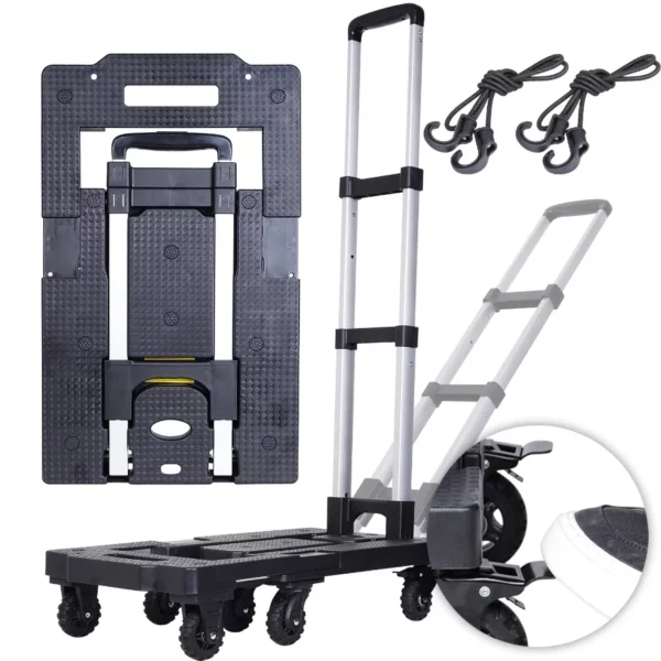 Heavy Duty Folding Hand Truck Dolly 600LB  Lightweight Utility Platform Cart with 7 Wheels, Brakes & Handle Lock for Moving