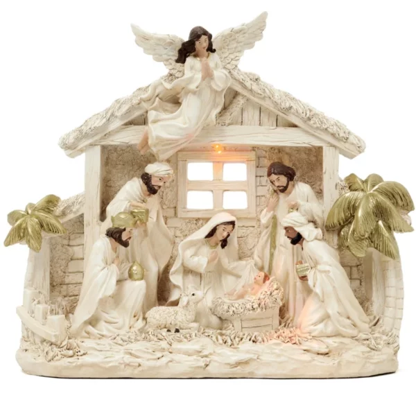 Valery Madelyn Nativity Set, 10.6 Inch Figurines With LED Lights, Elegant White Gold Scene For Indoor Christmas Decorations.