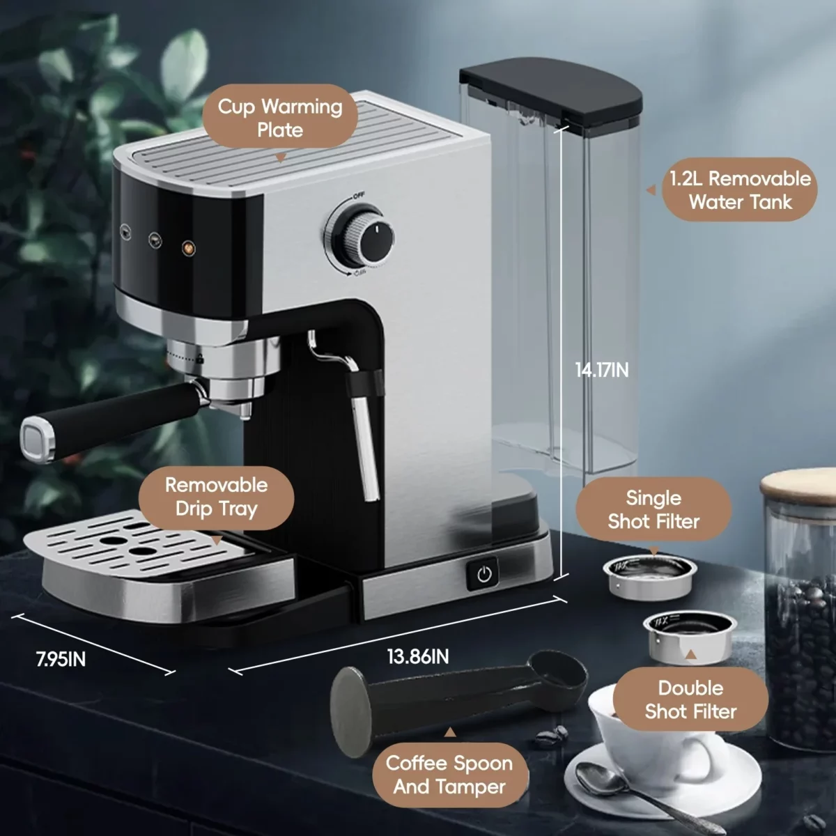 WHALL Touchscreen Espresso Machine 20 Bar，Espresso Coffee Maker with Milk Frother Steam Wand Stainless Steel Coffee Machine with Removable Water Tank New 04